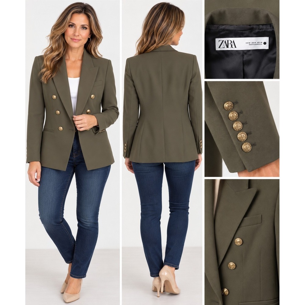 ZARA Womens Tailored Double Breasted Blazer Size: XL olive Green Business Office